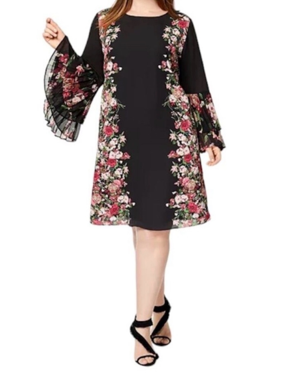 INC Floral Black Bell-Sleeve Shift Dress